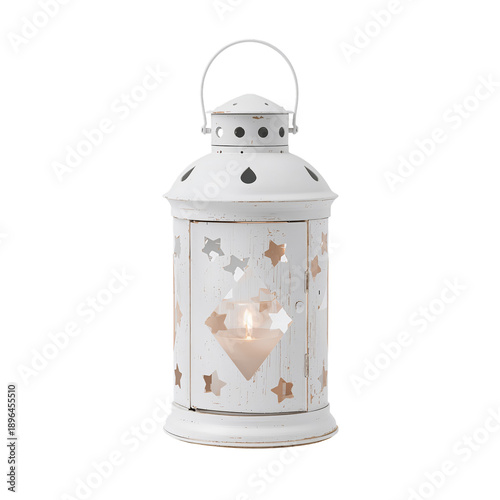 White Lantern With Star Cutouts and a Candle Inside in a Dimly Lit Room in th...