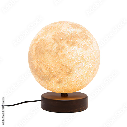 Moon Lamp Sitting on a Wooden Base Illuminating a Dark Room at Night