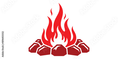 Vibrant red campfire with stones isolated on white background