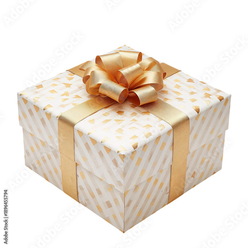 Gift Wrapped Box With Golden Bow Placed on White Background Ready for Celebra...