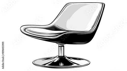 A modern, minimalist swivel chair rendered in grayscale, featuring a molded seat and a polished base