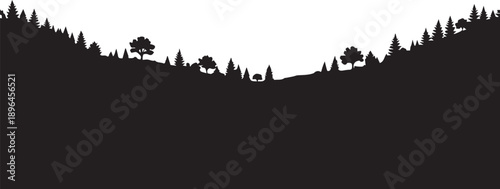 Mountain forest landscape silhouette vector illustration with pine trees and hills nature