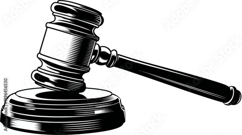 A black and white illustration of a judge's gavel and its accompanying base, a symbol of justice