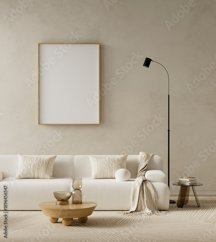 Minimalist modern living room interior mock up with blank poster frame, soft neutral colors and clean contemporary furniture styling. 3D illustration