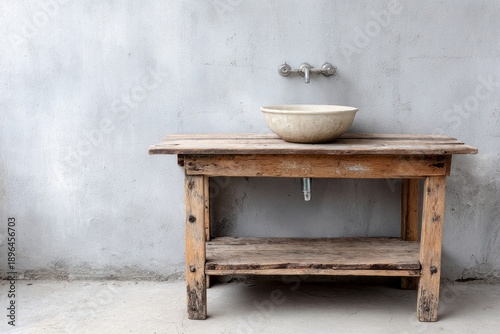 Rustic wooden washstand setup features a basin against a textured concrete wall