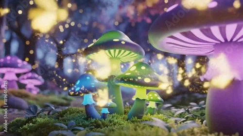Fantasy forest with glowing mushrooms and soft lighting in a magical setting
