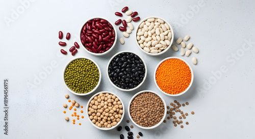 Assorted dried beans and lentils arranged in a circular pattern on a white surface