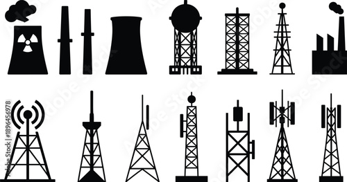 Industrial Power Plant and Communication Tower Silhouette Icon Set Featuring Factories Cooling Towers Radio and Transmission Structures Isolated on White Background