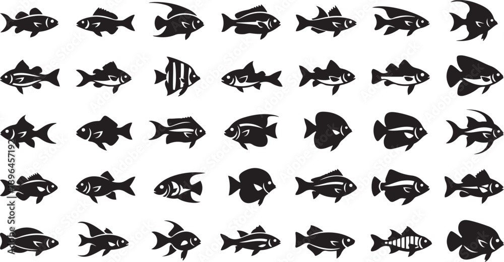 Fototapeta premium Large Collection of Black Silhouettes of Various Fish Species black and white variety