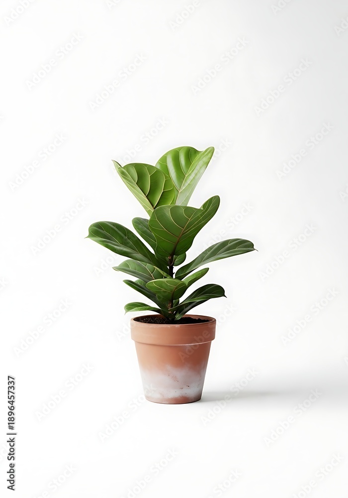 Fototapeta premium Fiddle Leaf Fig Plant in Terracotta Pot, Isolated on White, Interior Decor