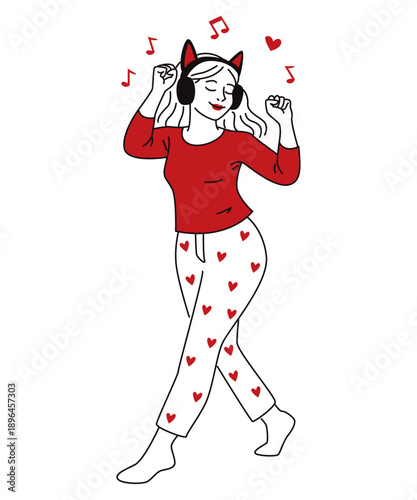Woman listening to music in headphones with cat ears. Girl in red pajamas with hearts dancing. Hand drawn vector illustration for Valentine's Day, hobby, lifestyle, self-reflection