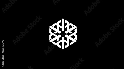 A geometric white design set against a black backdrop, resembling a stylized snowflake or emblem