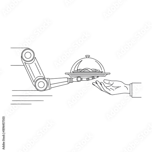 Robotic arm serving food on a silver platter to a human hand in a futuristic restaurant setting with a dome cover