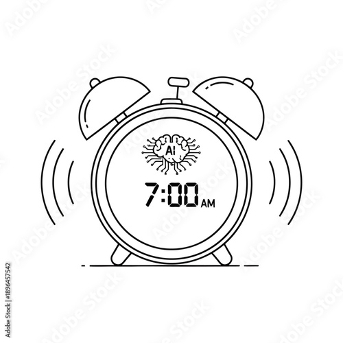 Alarm clock ringing with ai symbol and 7 00 am display black line art on white background morning wake up illustration
