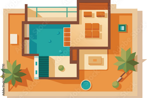 Aerial view of a modern house with swimming pool and garden