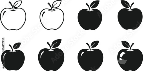 Minimalist apple icon collection featuring eight variations of line art outlines and solid silhouettes for versatile branding.