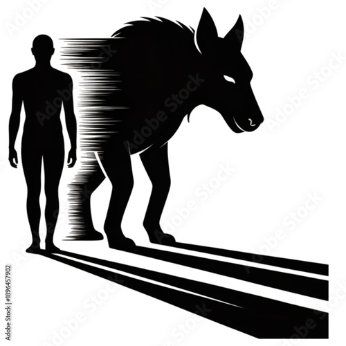 Man transforming into a donkey silhouette isolated on transparent background.