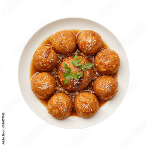 Dumplings Served in a Bowl With Sauce and Garnish at an Asian Restaurant Duri...