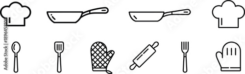 Kitchen and Cooking Line Icons Set Featuring Chef Hat, Frying Pan, Spoon, Fork, Oven Mitt and Rolling Pin in Minimal Outline Style