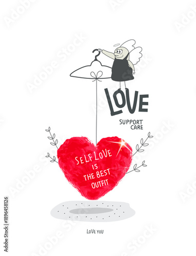 Vector cartoon sketch of Angel who suggests dressing beautifully in love.Concept of assistance, care, philanthropy and support. Giving and sharing love, donating. Self love and care is the best outfit