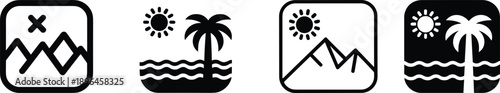 Landscape and travel icons set with mountains, beach, sun and palm tree, minimalist black vector illustration for apps, UI design and navigation symbols