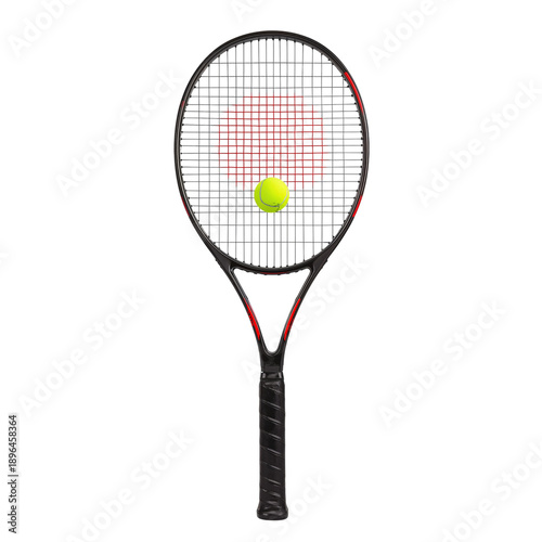 A Tennis Racket Holds a Yellow Ball Above a Red and Black Background in a Spo...