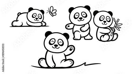 Cute cartoon panda cubs in various playful poses, ideal for children's coloring books
