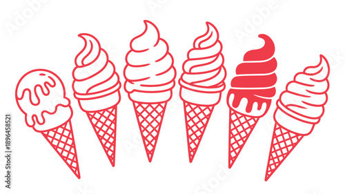 A delightful illustration of various soft-serve ice cream cones with a vibrant red outline