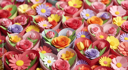 A colorful arrangement of paper flowers in heart-shaped boxes