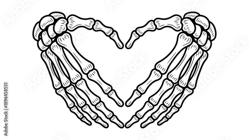 Skeleton hands forming a heart shape, illustrating a unique blend of love and macabre art