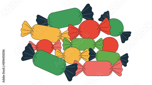 A vibrant assortment of individually wrapped candies in various shapes and cheerful colors