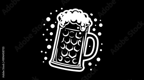 Black and white illustration of a beer stein filled with foamy beer with bubbles