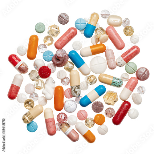 Variety of Pills and Capsules Placed Together on White Background in Center o...