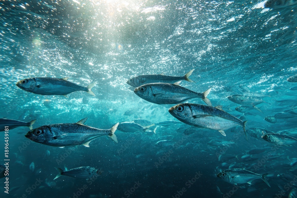 Fototapeta premium Sardine fish swimming gracefully underwater in the ocean during daylight