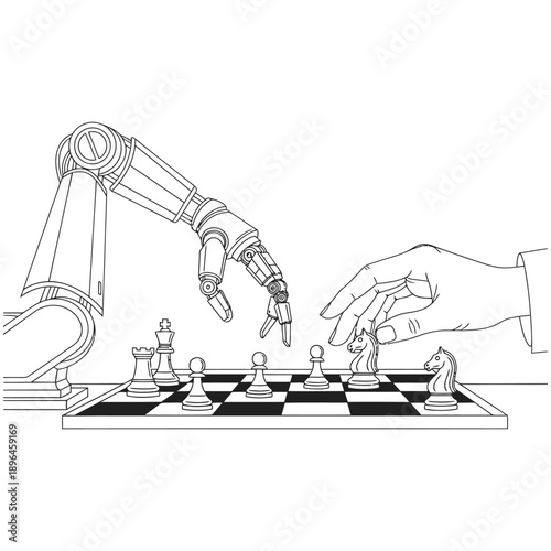 Robot and human hand competing in a game of chess on a checkered board illustration of artificial intelligence and strategy