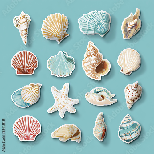 A collection of social media stickers featuring a variety of seashell designs against a turquoise background (1)