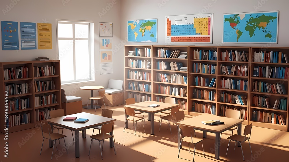 Obraz premium Bright school library interior with wooden bookshelves maps and desks cinematic photo