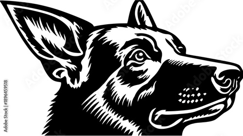 A monochrome illustration of a dog's head in profile, detailed with striking contrasts