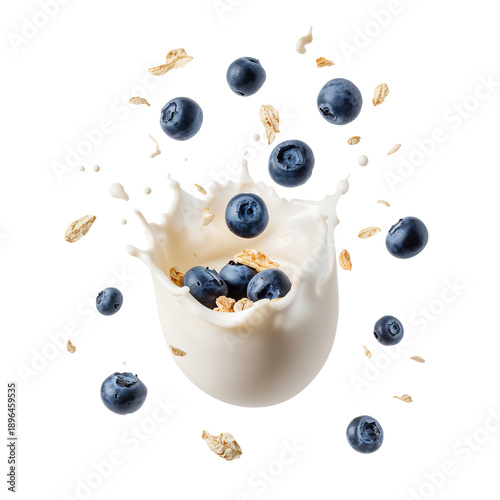 Blueberries and Oats Splash in Milk During a Breakfast Scene in a Kitchen