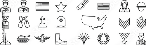 Military and Army Line Icons Collection with Soldiers, Medals, Ranks, Flags, Weapons, Vehicles, and Memorial Symbols for Defense and Veteran Projects