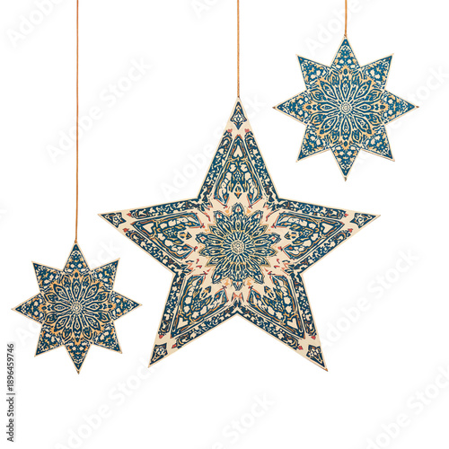 Decorative Paper Stars in Blue and Cream Hanging in a Brightly Lit Space Duri...