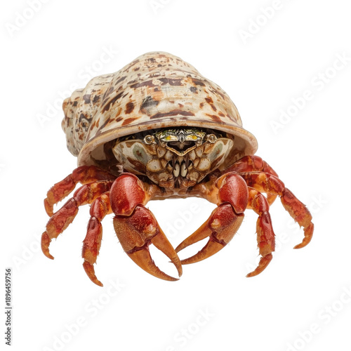 Crab Inside a Large Shell on a Plain Background Showing Its Claws and Eyes