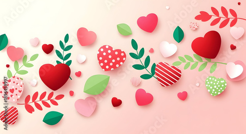 A colorful illustration of hearts and leaves on a pink background