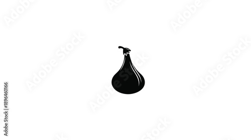 A black, abstract illustration of a fig-like shape with a stem against a white background
