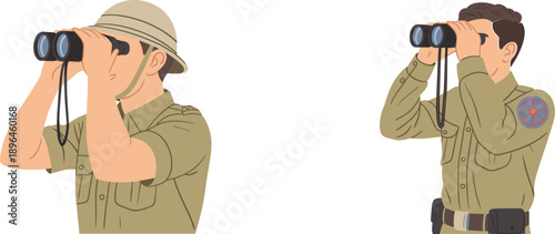 Military Soldiers Using Binoculars Observation Concept Flat Vector Illustration Army Scouts Surveillance Characters Isolated on White Background