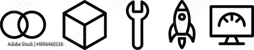 Minimal business and startup icons set with partnership, product box, tools, rocket launch and performance dashboard, black outline vector illustration for modern workflow concepts