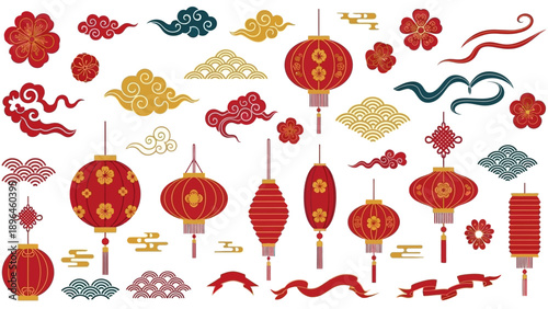 A vibrant collection of Chinese New Year icons and design elements, including lanterns, flowers, and patterns, arranged on a white background with a mix of red, gold, and blue colors.