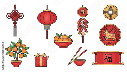 Vector illustration of a Chinese New Year icon set with lanterns, symbolic elements, and traditional patterns on a white background.