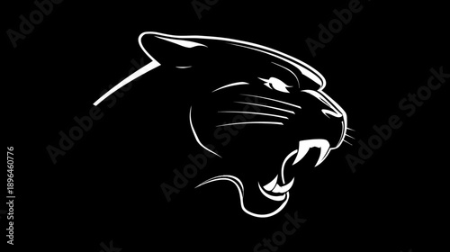 A stylized outline of a big cat's profile, showcasing its head and facial features in white against black