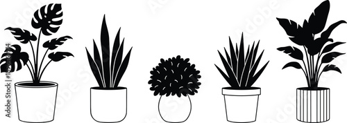 Minimalist houseplant silhouette set in pots isolated on white background for interior decor, botanical illustration, and modern design use